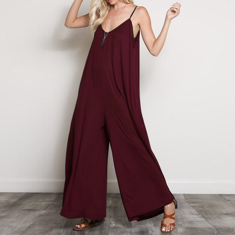 Summer Women V Neck Long Jumpsuits Casual Loose Rompers