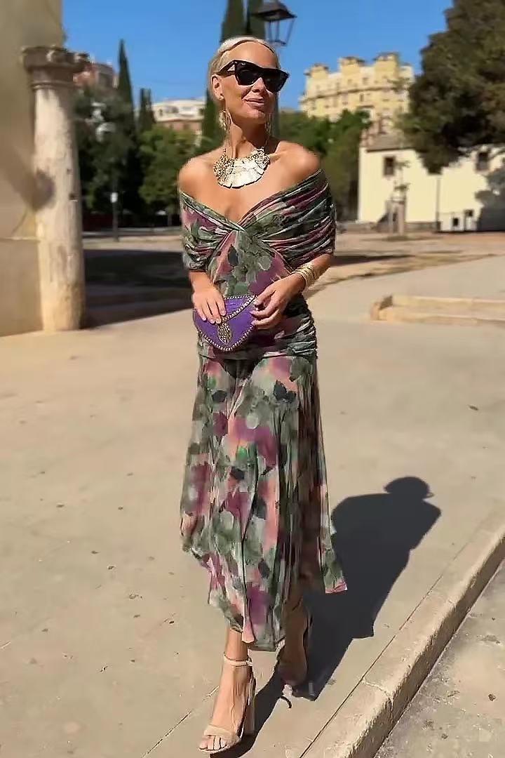 Chiffon Short-sleeved Dress Summer Fashion Print V-neck Long Dress, Women's Clothing