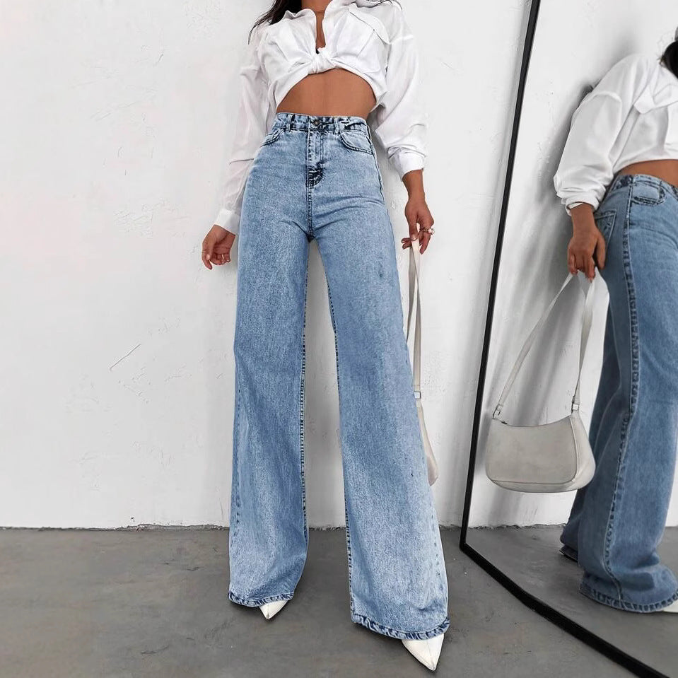 Womens Straight-Leg Denim Jeans Loose Slimming Casual Wide-Leg Style