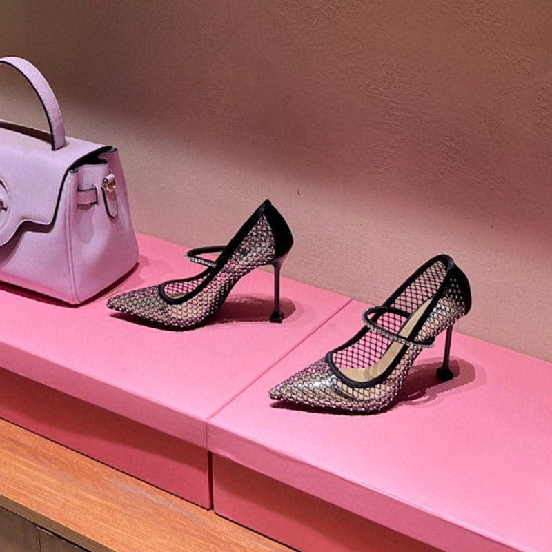 Women Crystal Mesh Pumps Ladies Pointed Toe