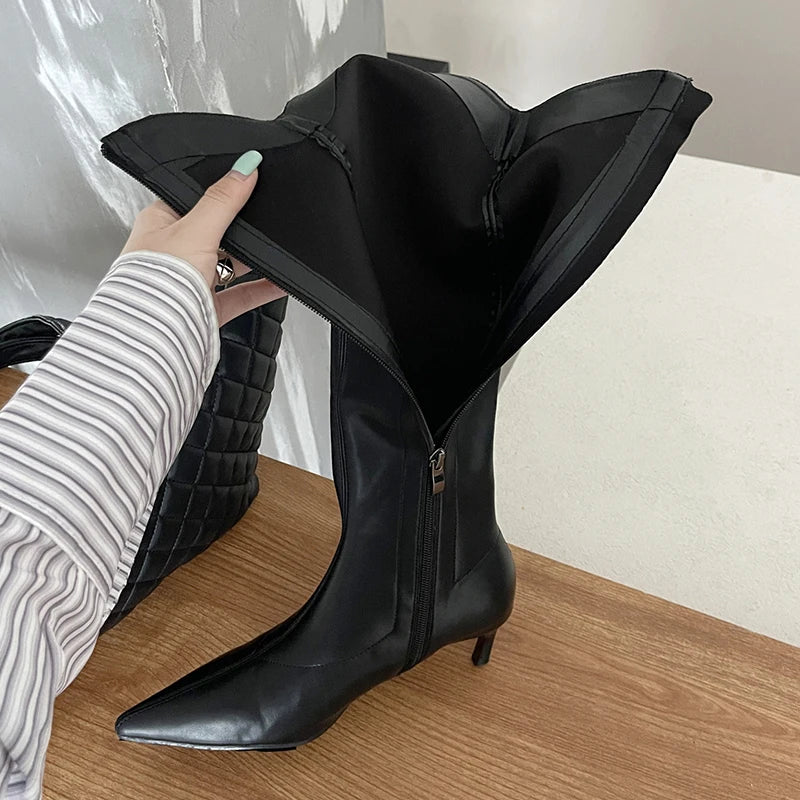 Luxury Ladies Chelsea Long Boots Zippers Shoes Female Shoes Fashion Low Heels Footwear Western Women Knee High Boots