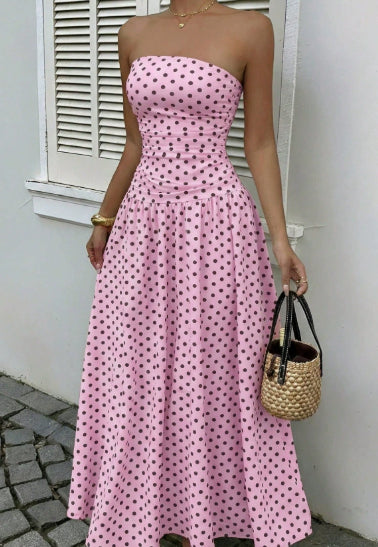 Elegant Polka-dot Off-shoulder Dresses Solid Color Strapless Lady High-waist Robe Commuting Party Business Beach Holiday Outfit