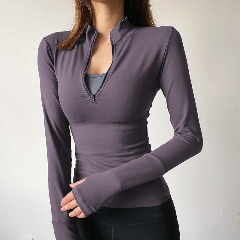 Half-zip Tight-fitting Sports T-shirt Womens Yoga Wear Ladies Long