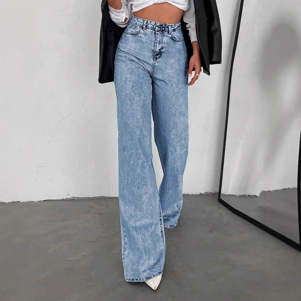 Womens Straight-Leg Denim Jeans Loose Slimming Casual Wide-Leg Style