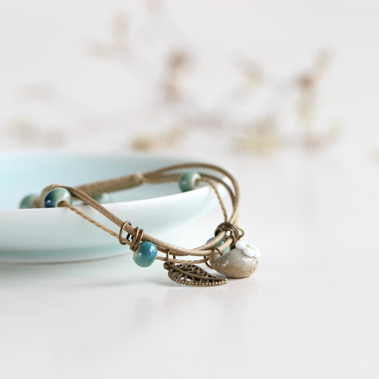 Ceramic Cute Flower Leaf Pattern Bracelets Handmade Vintage Boho Style Trendy jewellery