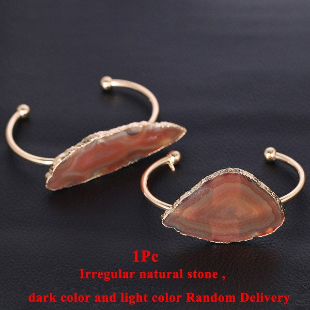 Natural Stone Hand Jewellery Irregular Nature Agates Slice Half Open Bangles for Women Gold Color Charms Bracelet