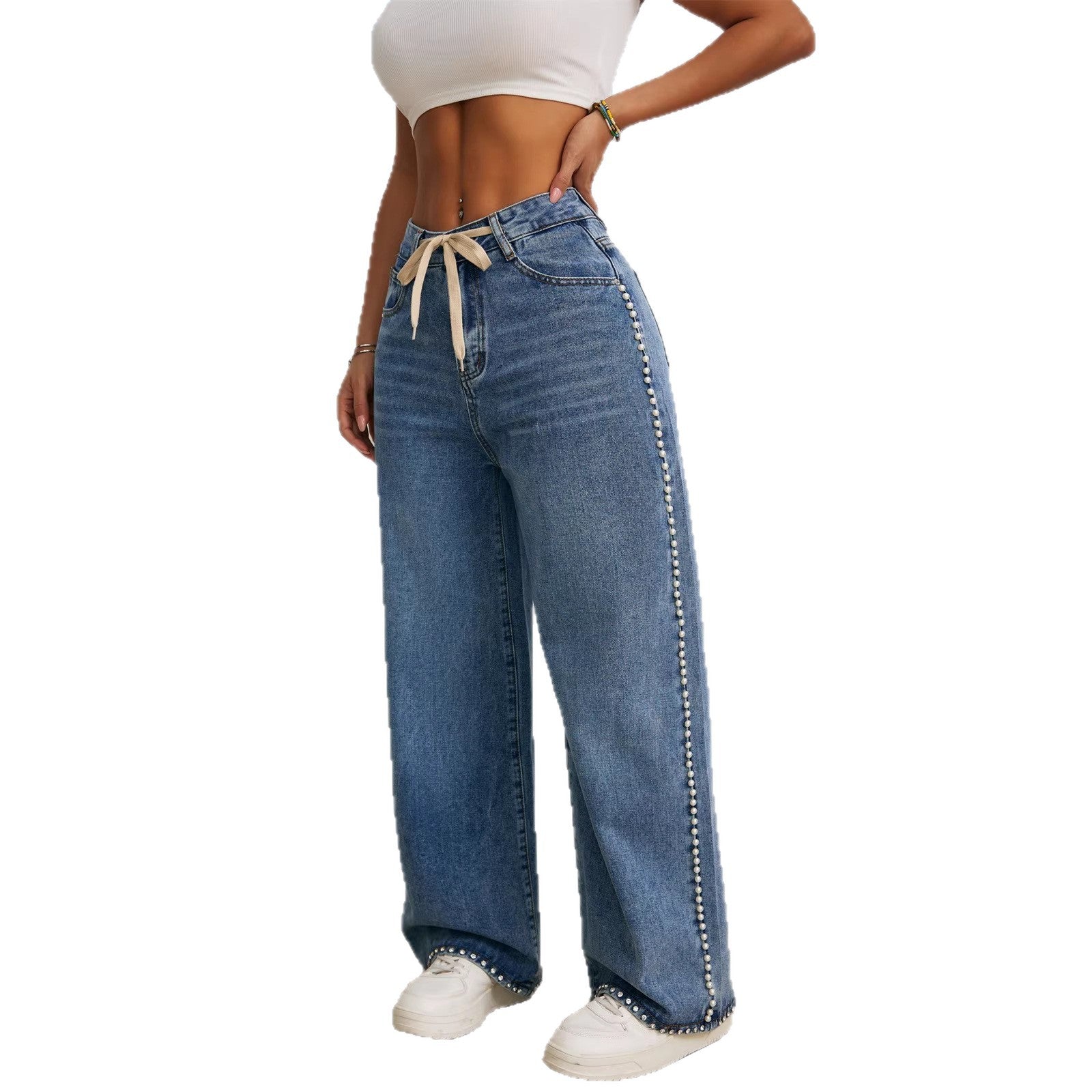 Drawstring High-Waisted Retro Wide-Leg Denim Jeans For Women