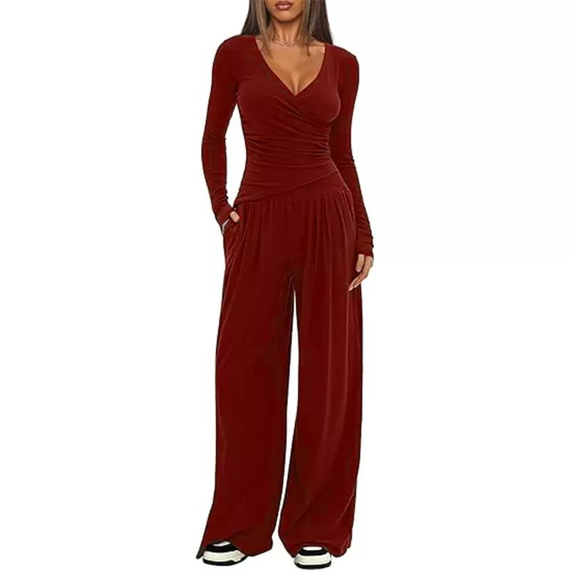 Women's V Neck Long-sleeve Sportswear Top And Wide-leg set