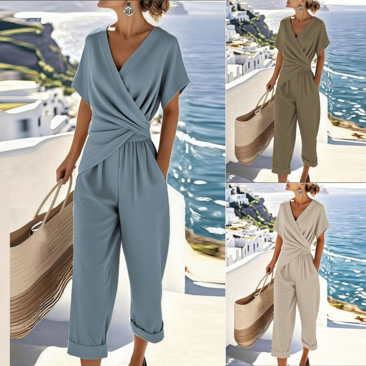 Women's Two Pieces Set Fashion Solid Color Irregular Short Sleeve Suit Summer Fashion V Neck Slim Office Suit Casual Pleated Irregular Top And Pants Female Outfit