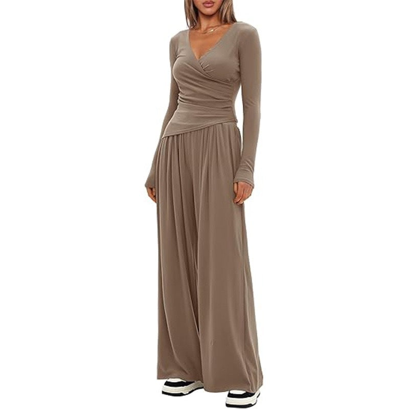 Women's V Neck Long-sleeve Sportswear Top And Wide-leg set