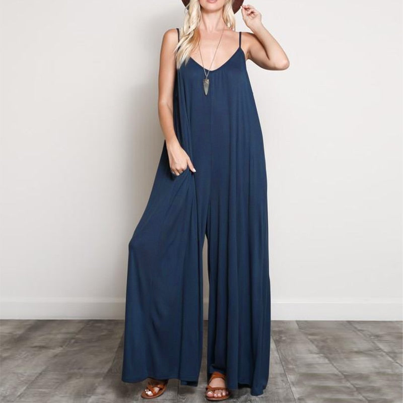 Summer Women V Neck Long Jumpsuits Casual Loose Rompers