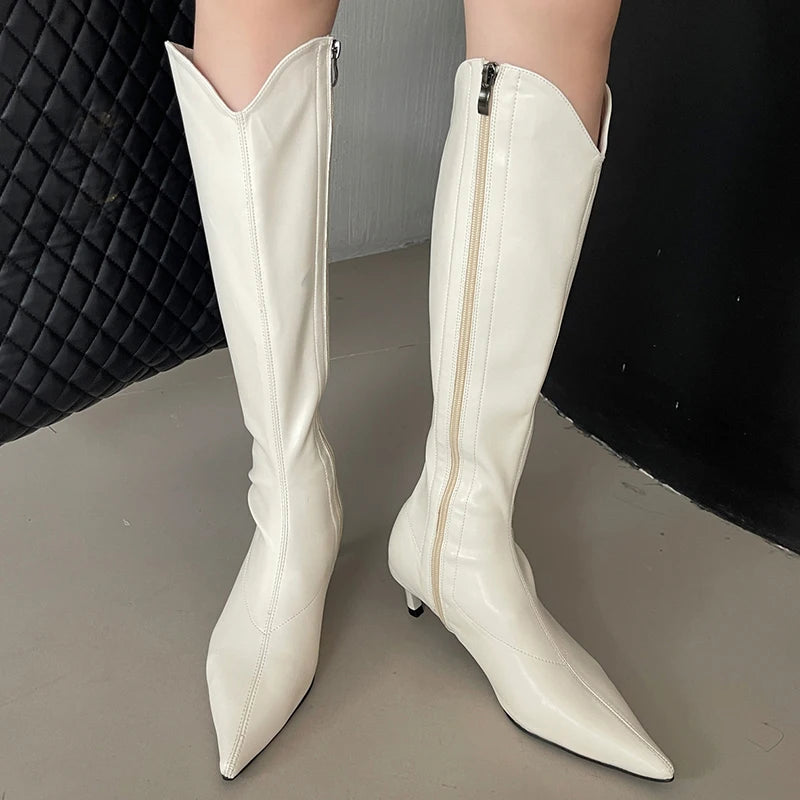 Luxury Ladies Chelsea Long Boots Zippers Shoes Female Shoes Fashion Low Heels Footwear Western Women Knee High Boots