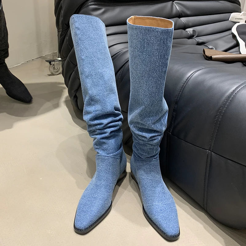 Modern Women Denim Knee High Boots New In Female Low Heel Footwear Fashion Pleated Ladies Western Long Boots Slip On Shoes