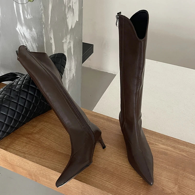 Luxury Ladies Chelsea Long Boots Zippers Shoes Female Shoes Fashion Low Heels Footwear Western Women Knee High Boots