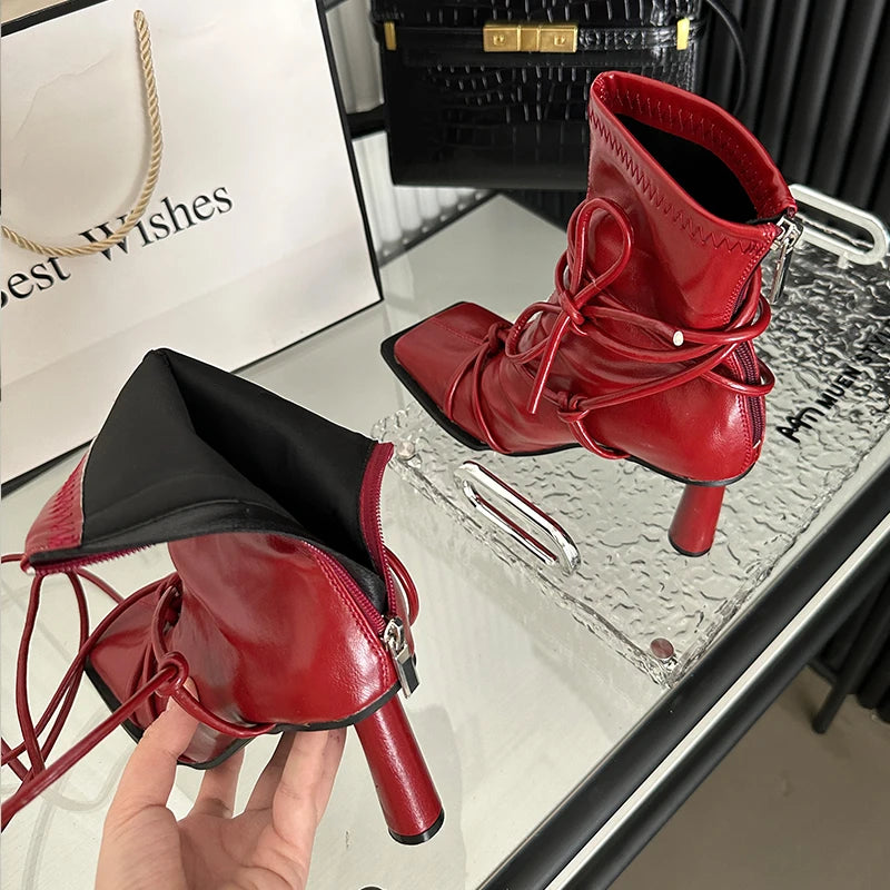 Female Square Toe Red Shoes Ladies Modern Boots With Round Heels Fashion Cross-tied Footwear Stretch Women Ankle Boots Shoes