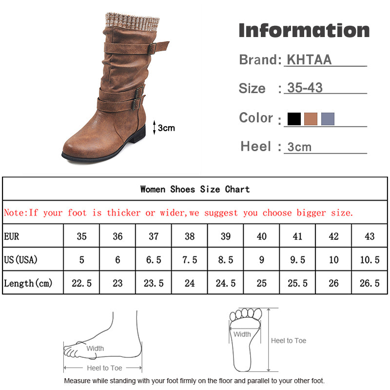 Women Winter Buckle Strap Pu Leather Chunky Heels Mid Calf Boots Woman Knitted Slip On Retro Boots Lady Casual Fashion Footwear