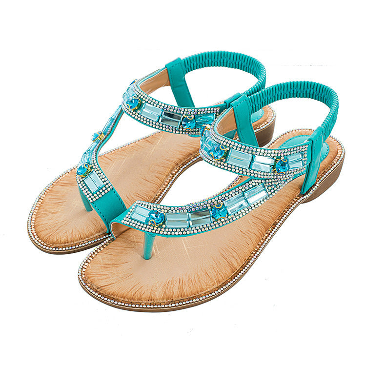 Ladies Shoes Boho Women's Sandals Blue Plaid Flats