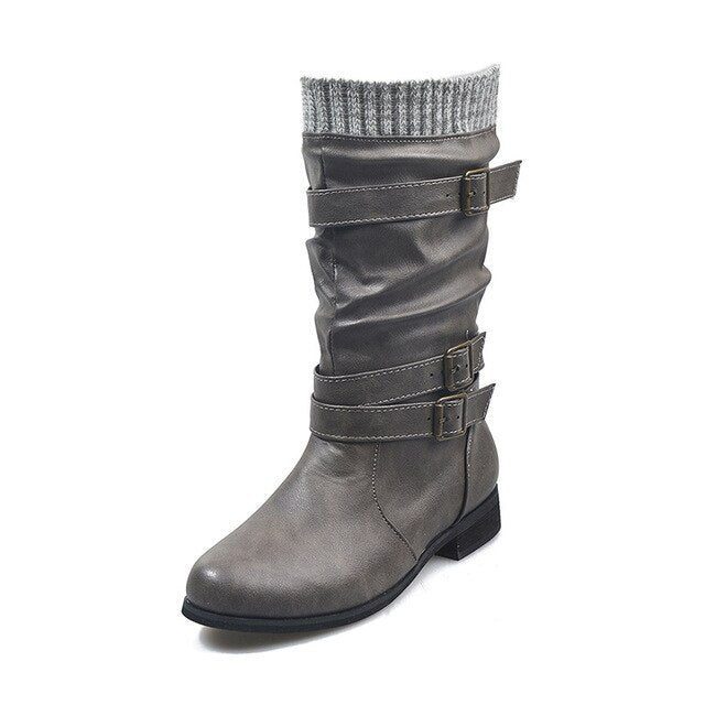 Women Winter Buckle Strap Pu Leather Chunky Heels Mid Calf Boots Woman Knitted Slip On Retro Boots Lady Casual Fashion Footwear