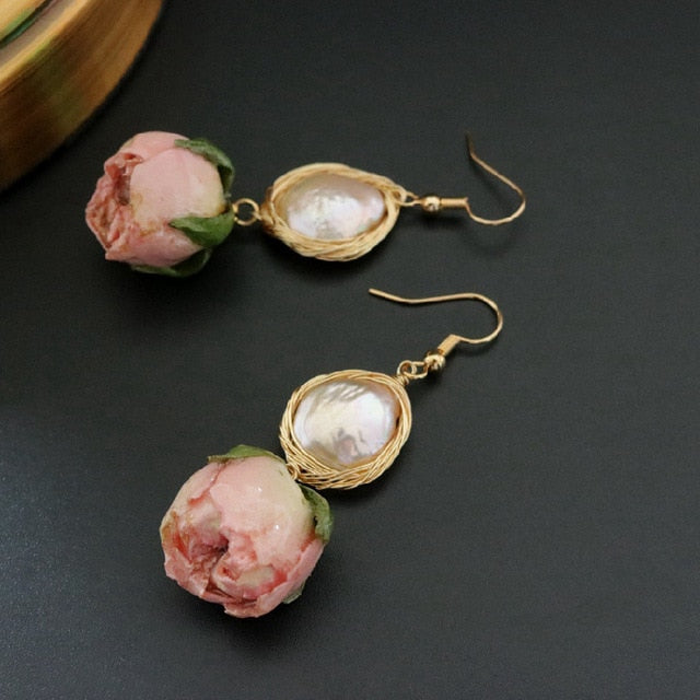 GLSEEVO Natural Fresh Water Baroque Pearl Dangle Earrings For Women Flower Drop Earrings Wedding Gifts Fine Jewellery
