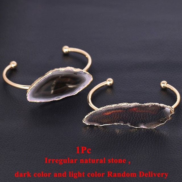 Natural Stone Hand Jewellery Irregular Nature Agates Slice Half Open Bangles for Women Gold Color Charms Bracelet