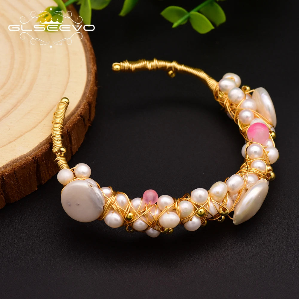 GLSEEVO Original Natural Fresh Water Baroque Pearl Bangle & Bracelet For Women Wife Wedding Handmade Adjustable Jewellery GB0060