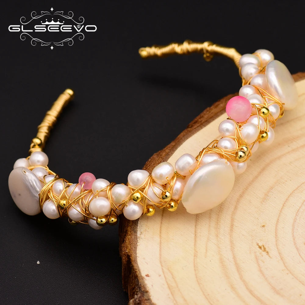 GLSEEVO Original Natural Fresh Water Baroque Pearl Bangle & Bracelet For Women Wife Wedding Handmade Adjustable Jewellery GB0060