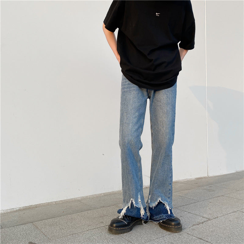 Side Slit Raw Edge Denim Bell-bottom Pants