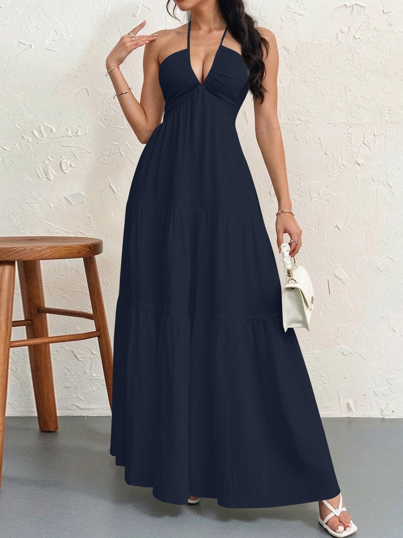 Backless Halterneck V-Neck Pleated A- Line Dress