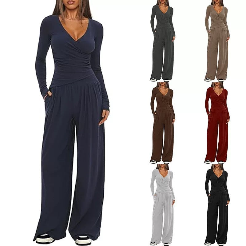 Women's V Neck Long-sleeve Sportswear Top And Wide-leg set