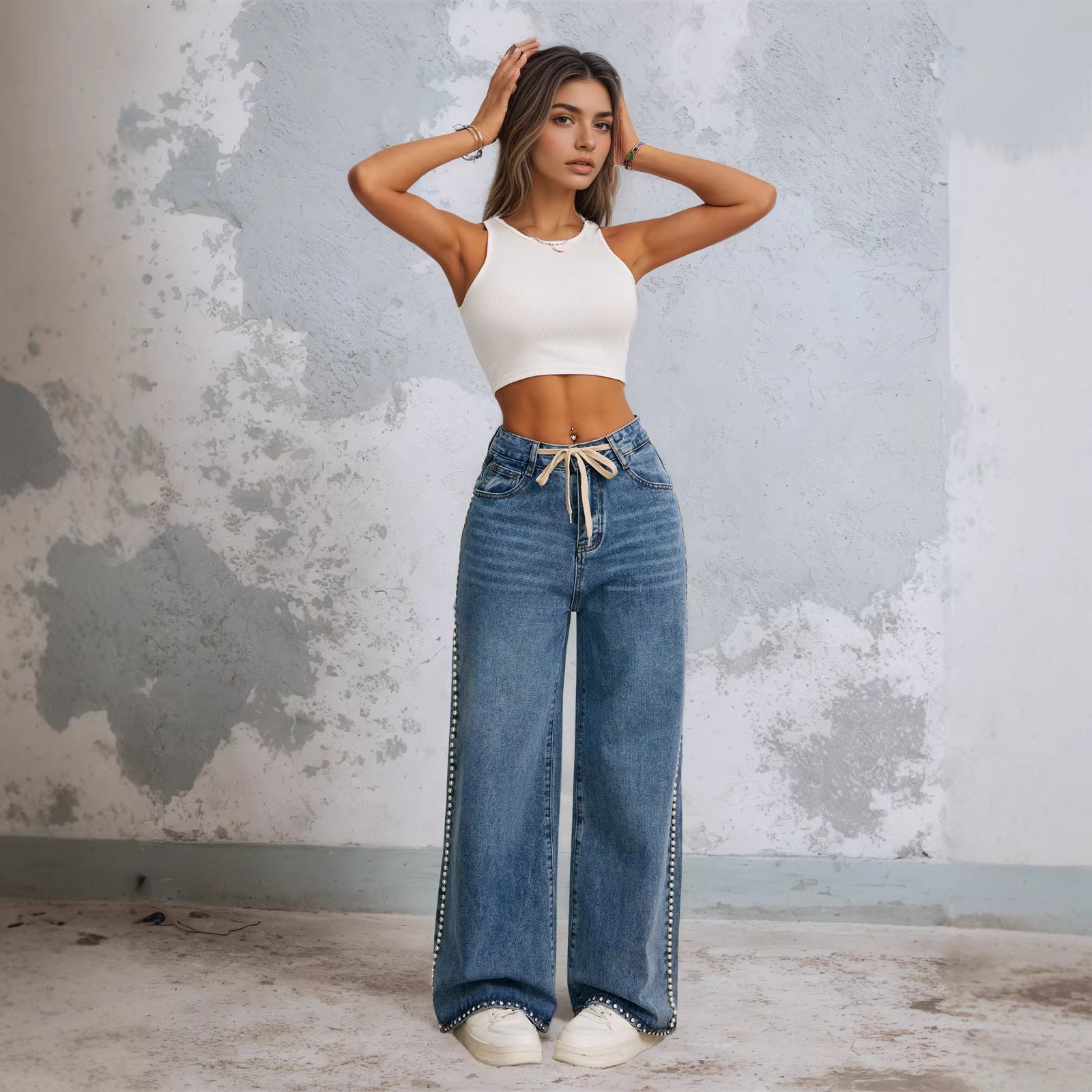 Drawstring High-Waisted Retro Wide-Leg Denim Jeans For Women