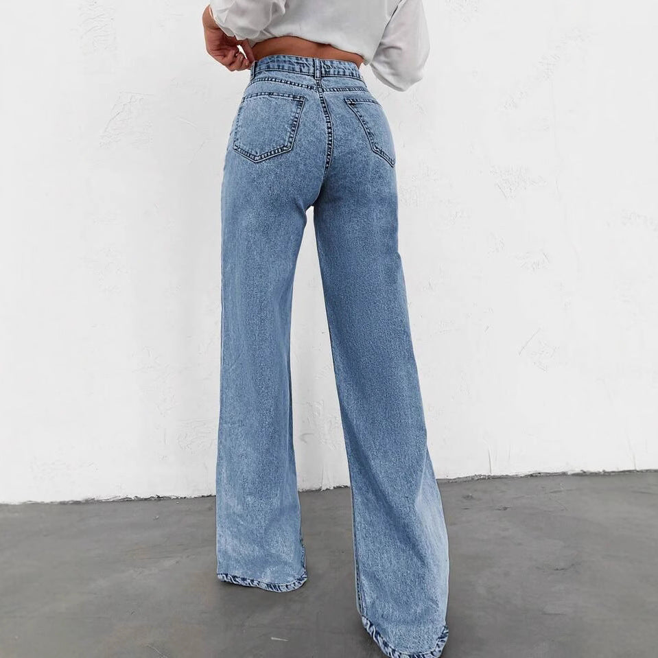 Womens Straight-Leg Denim Jeans Loose Slimming Casual Wide-Leg Style