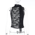 Womens Sleeveless Solid-Color Jacquard Sheer Ribbon Tank Top