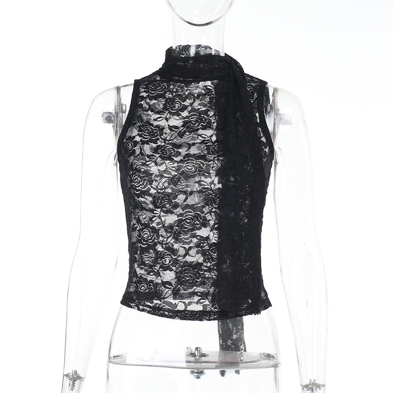 Womens Sleeveless Solid-Color Jacquard Sheer Ribbon Tank Top