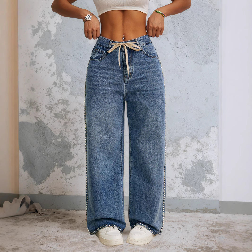 Drawstring High-Waisted Retro Wide-Leg Denim Jeans For Women
