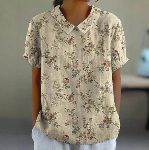 Women's Printed Lapel Short-Sleeve Top