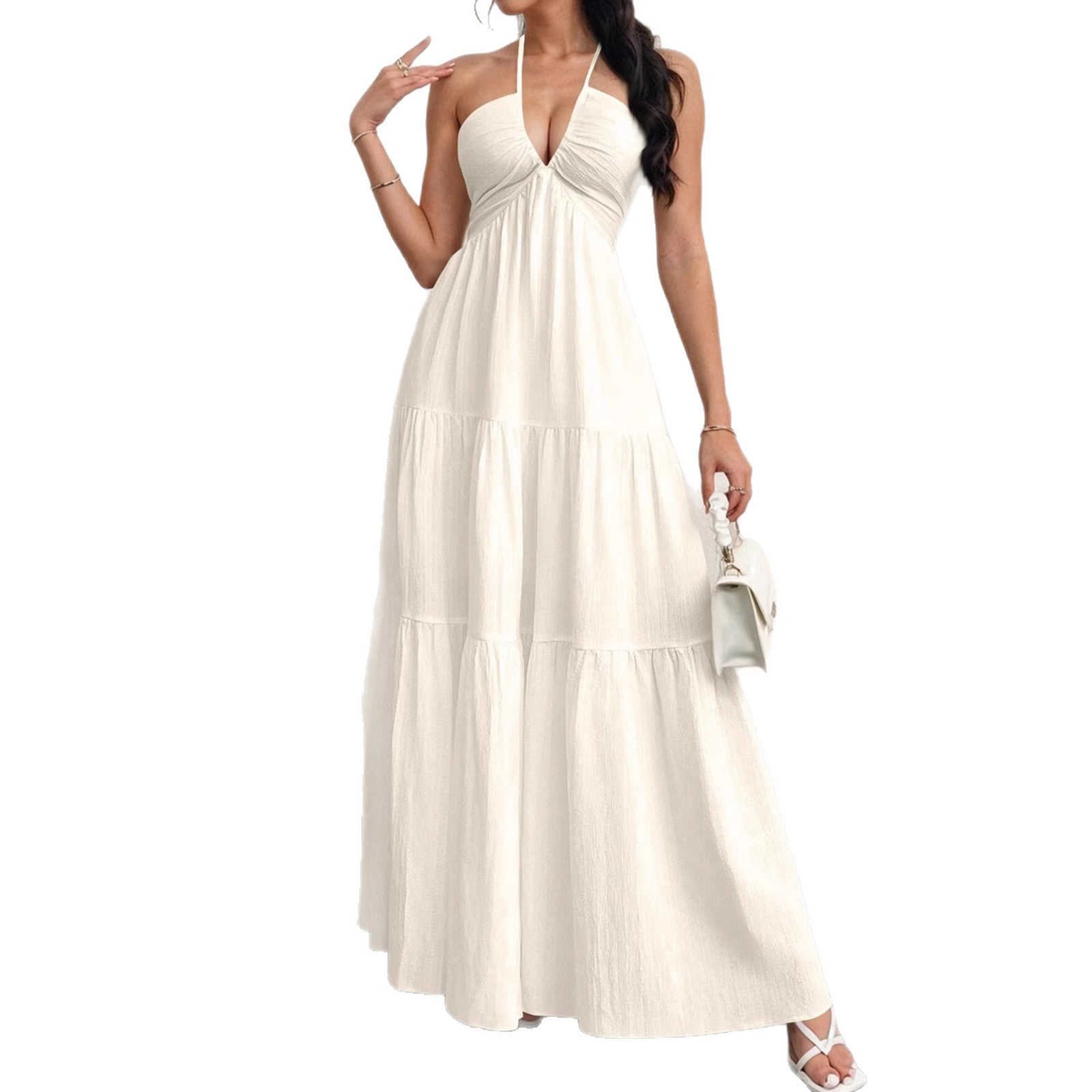 Backless Halterneck V-Neck Pleated A- Line Dress