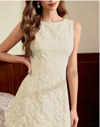 Floral Jacquard Sleeveless Dress French Minimalist Style Women's Summer Dress