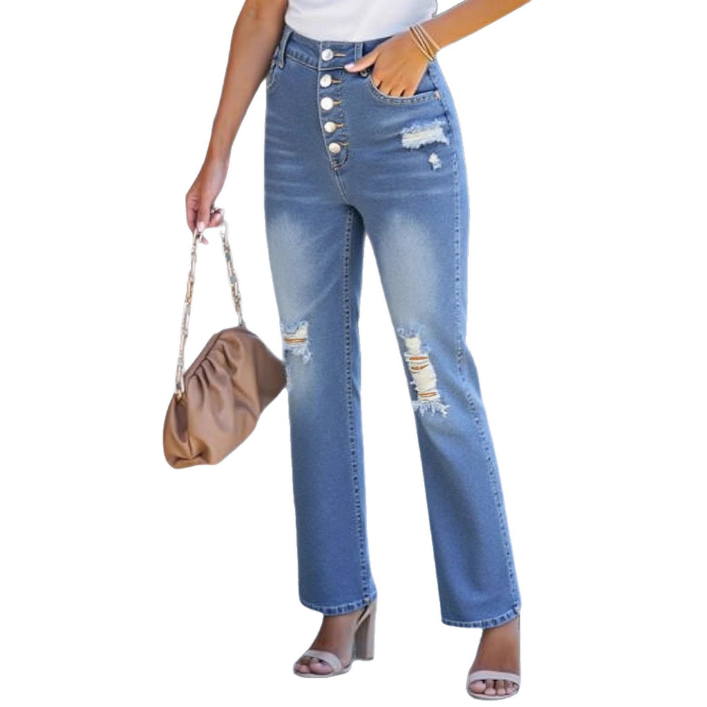 Womens High-Waisted Button-Front Straight Jeans