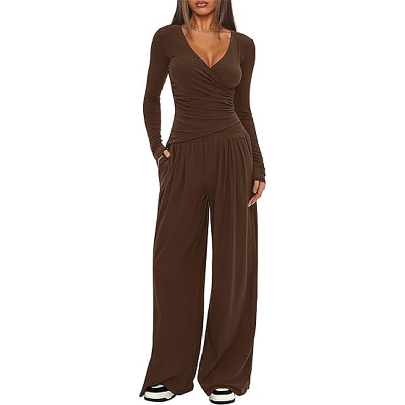 Women's V Neck Long-sleeve Sportswear Top And Wide-leg set