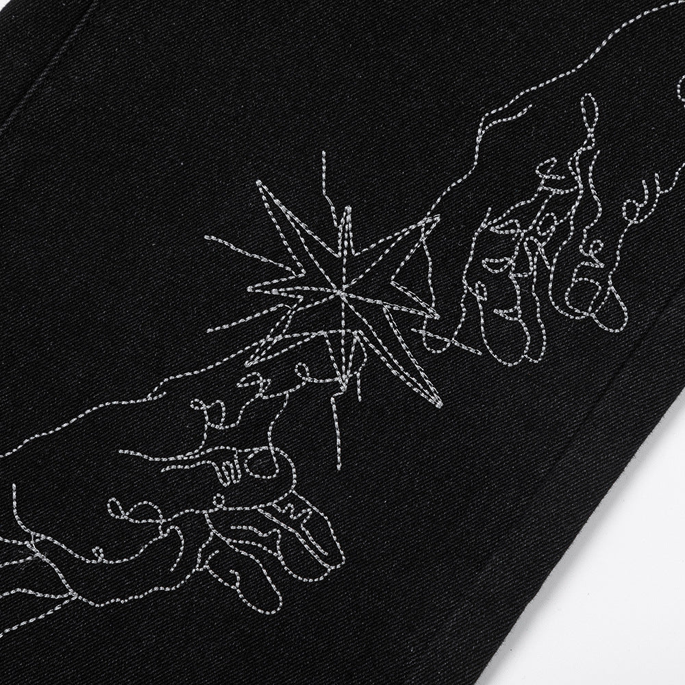 Line Embroidery Straight Jeans Men