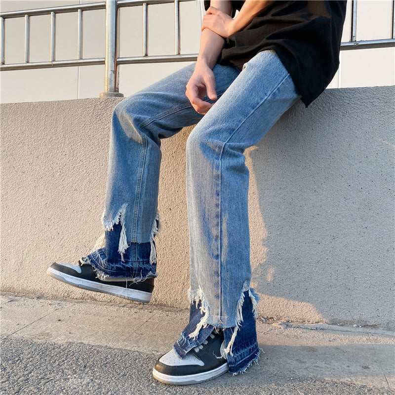 Side Slit Raw Edge Denim Bell-bottom Pants