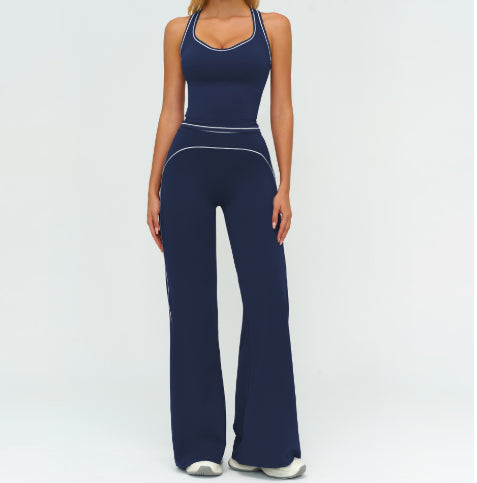Womens Yoga Set V-neck Sleeveless Tops And Slim Straight Pants Summer Gym Sports Clothing