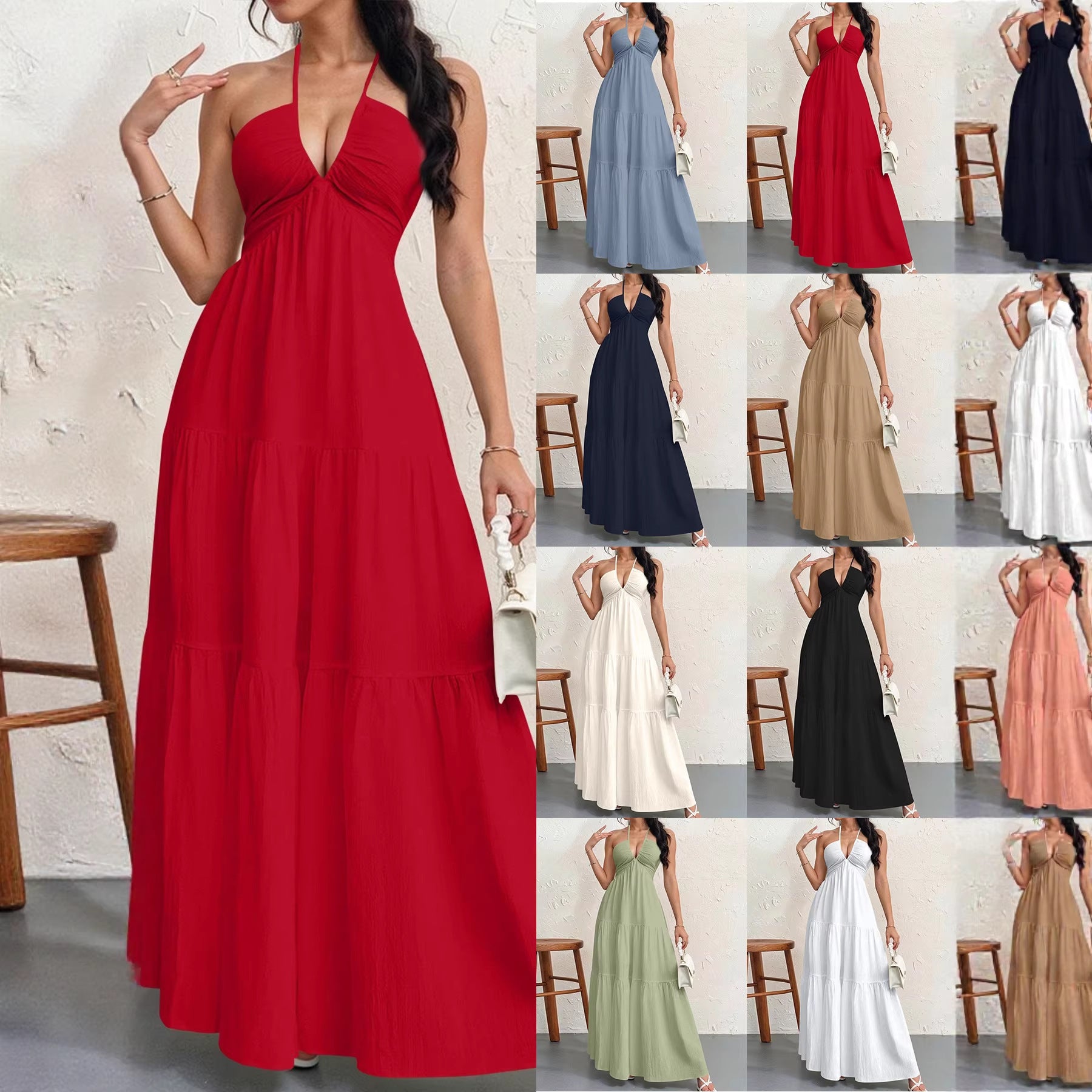 Backless Halterneck V-Neck Pleated A- Line Dress