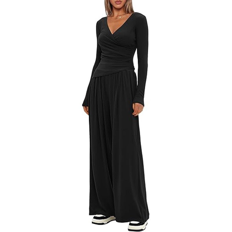 Women's V Neck Long-sleeve Sportswear Top And Wide-leg set