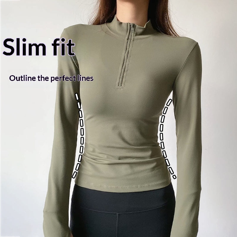 Half-zip Tight-fitting Sports T-shirt Womens Yoga Wear Ladies Long