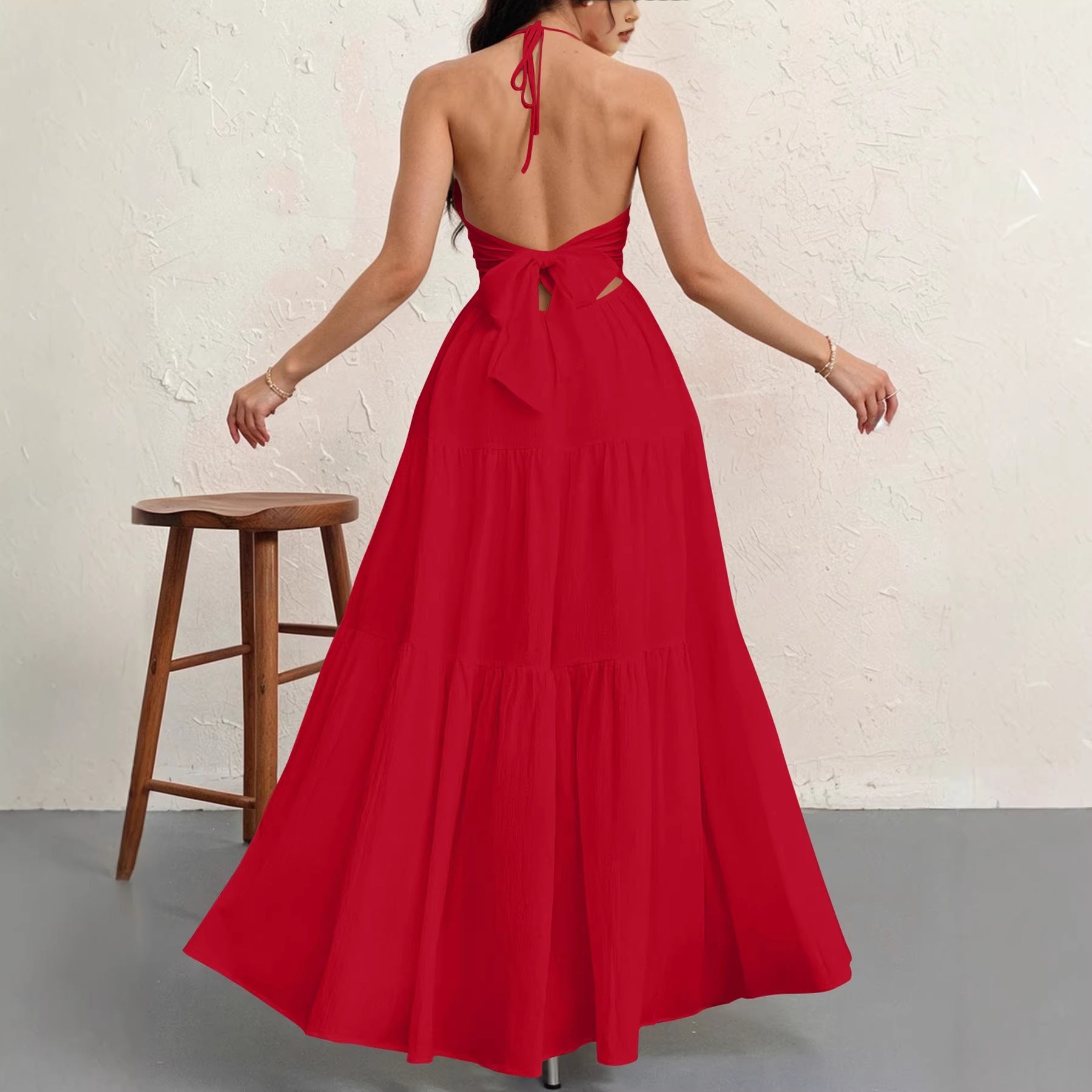 Backless Halterneck V-Neck Pleated A- Line Dress